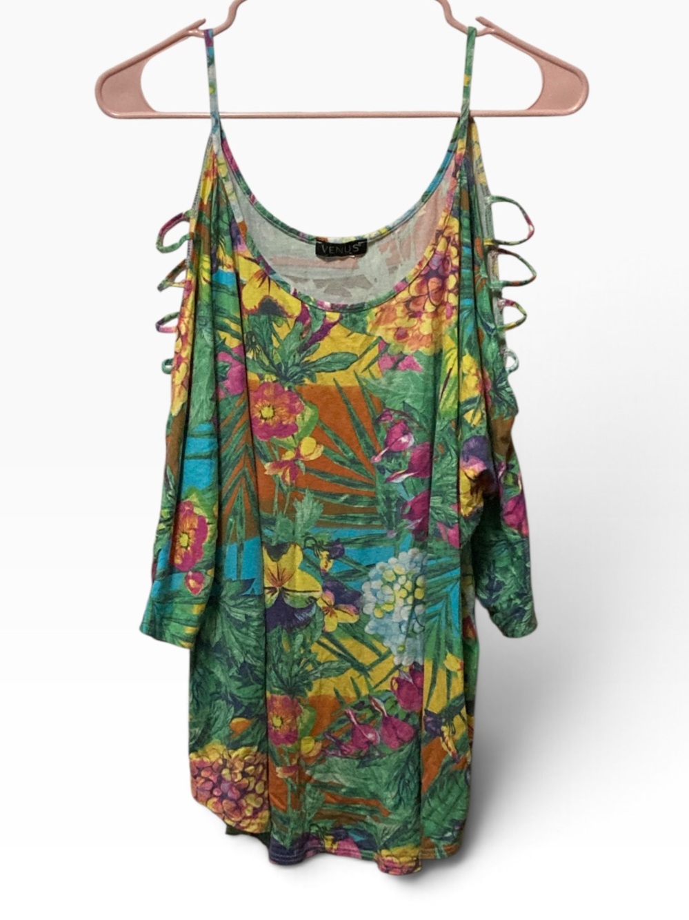 VENUS Green Yellow Pink Tropical Cold-Shoulder Swim Cover-Up
